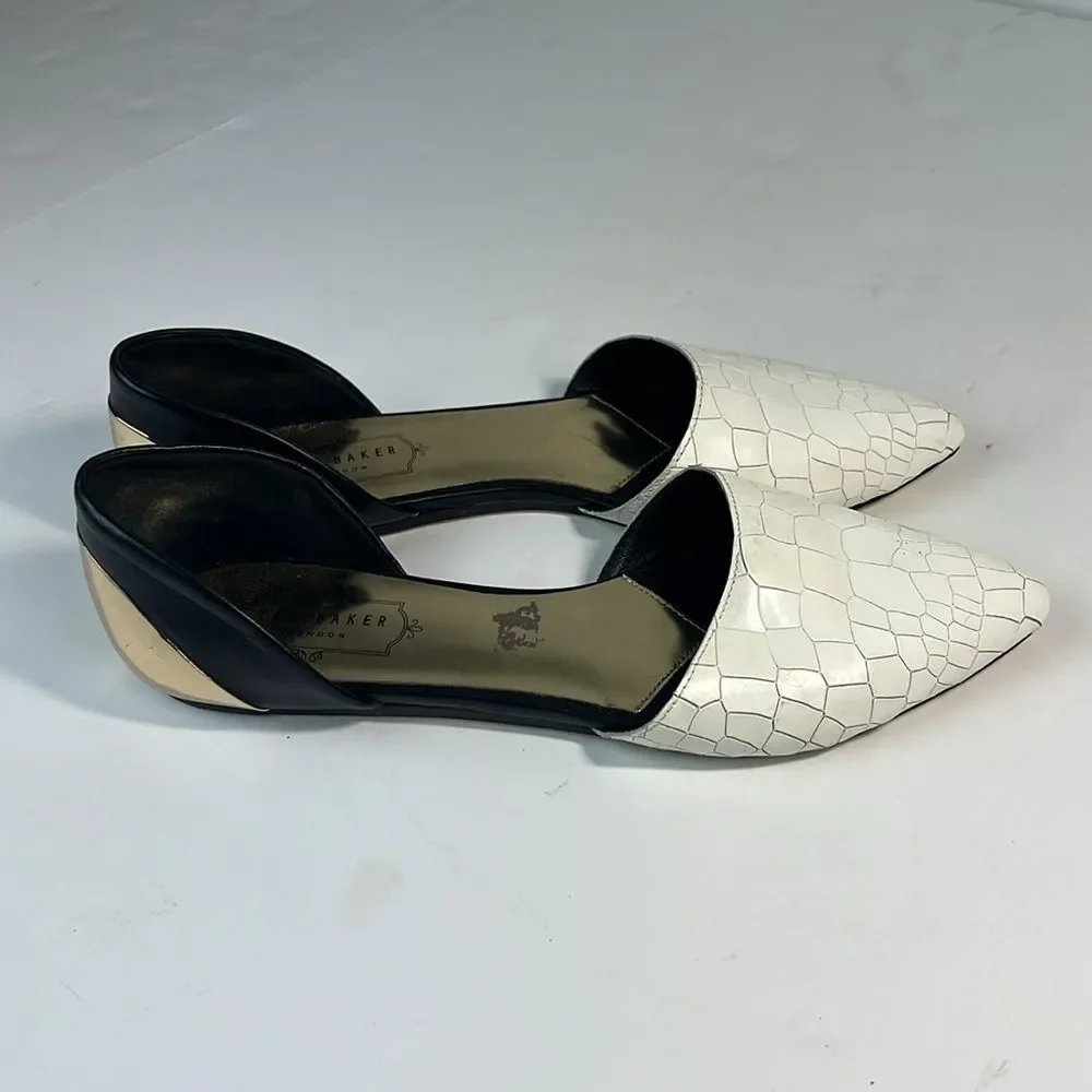 Ted Baker Cadeen D’orsay White/Black/Gold Flats Women’s Size 8